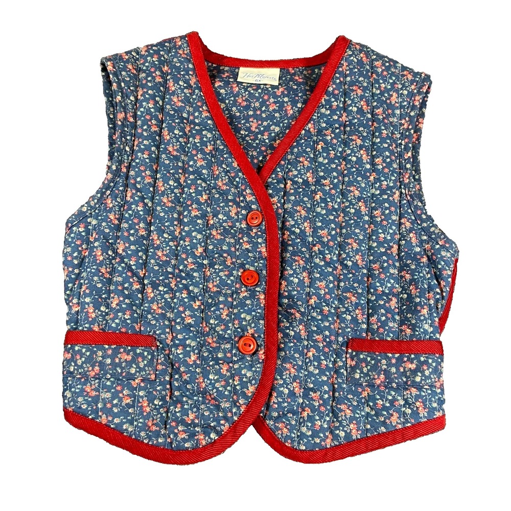 Vintage 1990s Her Majesty Girls 6X Floral Quilted Vest Red Blue Boho‎ Prairie